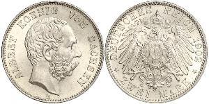 2 Mark Regno di Sassonia (1806 - 1918) Argento Alberto di Sassonia