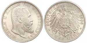 2 Mark Regno di Württemberg (1806-1918) Argento Wilhelm II, German Emperor (1859-1941)