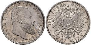 2 Mark Regno di Württemberg (1806-1918) Argento Wilhelm II, German Emperor (1859-1941)