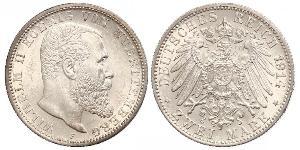 2 Mark Regno di Württemberg (1806-1918) Argento Wilhelm II, German Emperor (1859-1941)