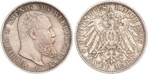 2 Mark Regno di Württemberg (1806-1918) Argento Wilhelm II, German Emperor (1859-1941)