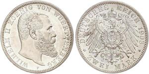 2 Mark Regno di Württemberg (1806-1918) Argento Wilhelm II, German Emperor (1859-1941)