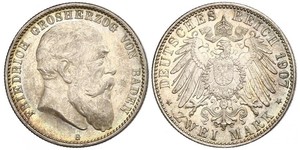 2 Mark Gran Ducado de Baden (1806-1918) Plata Federico I de Baden (1826 - 1907)