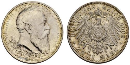 2 Mark Gran Ducado de Baden (1806-1918) Plata Federico I de Baden (1826 - 1907)