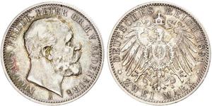 2 Mark Grand Duchy of Oldenburg (1814 - 1918) Plata Pedro II de Oldenburgo (1827 - 1900)