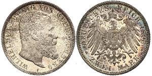 2 Mark Reino de Wurtemberg (1806-1918) Plata Wilhelm II, German Emperor (1859-1941)