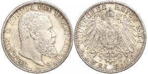2 Mark Reino de Wurtemberg (1806-1918) Plata Wilhelm II, German Emperor (1859-1941)