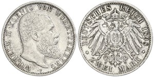 2 Mark Reino de Wurtemberg (1806-1918) Plata Wilhelm II, German Emperor (1859-1941)