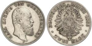 2 Mark Reino de Wurtemberg (1806-1918) Plata Carlos I de Wurtemberg