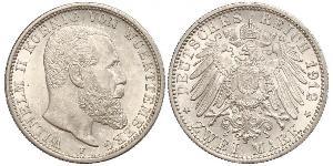 2 Mark Reino de Wurtemberg (1806-1918) Plata Wilhelm II, German Emperor (1859-1941)