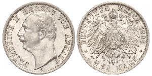 2 Mark Anhalt-Dessau (1603 -1863) / Anhalt (1806 - 1918) Silber Friedrich II. (Anhalt)(1856 – 1918)