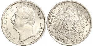 2 Mark Anhalt-Dessau (1603 -1863) / Anhalt (1806 - 1918) Silber Friedrich II. (Anhalt)(1856 – 1918)
