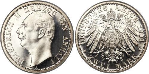 2 Mark Anhalt-Dessau (1603 -1863) / Anhalt (1806 - 1918) Silber Friedrich II. (Anhalt)(1856 – 1918)