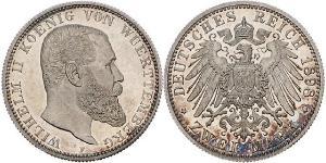 2 Mark Königreich Württemberg (1806-1918) Silber Wilhelm II, German Emperor (1859-1941)