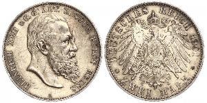 2 Mark Reuß älterer Linie (1778 - 1918) Silber Heinrich XXII (1859 - 1902)