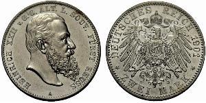 2 Mark Reuß älterer Linie (1778 - 1918) Silber Heinrich XXII (1859 - 1902)