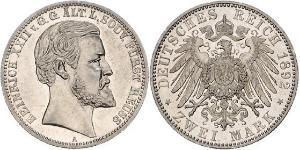 2 Mark Reuß älterer Linie (1778 - 1918) Silber Heinrich XXII (1859 - 1902)