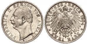 2 Mark Anhalt-Dessau (1603 -1863) / Duchy of Anhalt (1806 - 1918) Silver Friedrich II, Duke of Anhalt (1856 – 1918)
