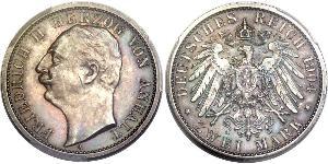 2 Mark Anhalt-Dessau (1603 -1863) / Duchy of Anhalt (1806 - 1918) Silver Friedrich II, Duke of Anhalt (1856 – 1918)