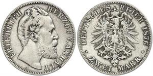 2 Mark Anhalt-Dessau (1603 -1863) / Duchy of Anhalt (1806 - 1918) Silver Frederick I, Duke of Anhalt (1831-1904)