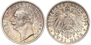 2 Mark Anhalt-Dessau (1603 -1863) / Duchy of Anhalt (1806 - 1918) Silver Friedrich II, Duke of Anhalt (1856 – 1918)