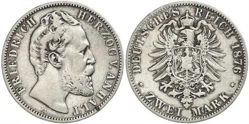 2 Mark Anhalt-Dessau (1603 -1863) / Duchy of Anhalt (1806 - 1918) Silver Frederick I, Duke of Anhalt (1831-1904)