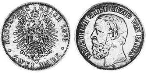 2 Mark Grand Duchy of Baden (1806-1918) Silver Frederick I, Grand Duke of Baden (1826 - 1907)
