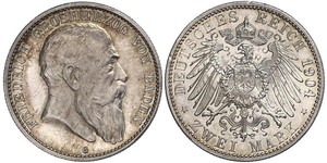 2 Mark Grand Duchy of Baden (1806-1918) Silver Frederick I, Grand Duke of Baden (1826 - 1907)