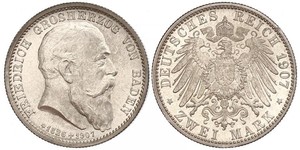 2 Mark Grand Duchy of Baden (1806-1918) Silver Frederick I, Grand Duke of Baden (1826 - 1907)