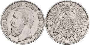 2 Mark Grand Duchy of Baden (1806-1918) Silver Frederick I, Grand Duke of Baden (1826 - 1907)
