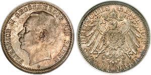 2 Mark Grand Duchy of Baden (1806-1918) Silver Frederick II, Grand Duke of Baden (1857 - 1928)