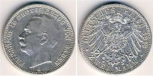 2 Mark Grand Duchy of Baden (1806-1918) Silver Frederick II, Grand Duke of Baden (1857 - 1928)