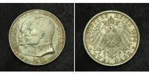 2 Mark Grand Duchy of Hesse (1806 - 1918) Silver Ernest Louis, Grand Duke of Hesse (1868 - 1937)
