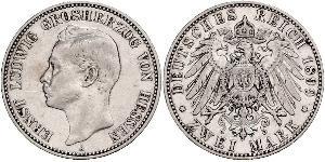 2 Mark Grand Duchy of Hesse (1806 - 1918) Silver Ernest Louis, Grand Duke of Hesse (1868 - 1937)