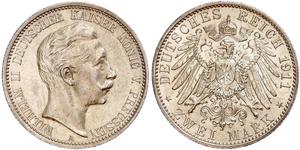 2 Mark Kingdom of Prussia (1701-1918) Silver Wilhelm II, German Emperor (1859-1941)