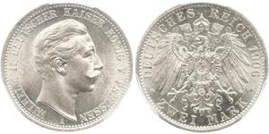 2 Mark Kingdom of Prussia (1701-1918) Silver Wilhelm II, German Emperor (1859-1941)