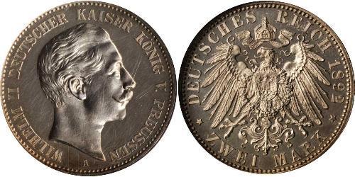 2 Mark Kingdom of Prussia (1701-1918) Silver Wilhelm II, German Emperor (1859-1941)