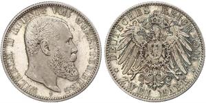 2 Mark Kingdom of Württemberg (1806-1918) Silver Wilhelm II, German Emperor (1859-1941)