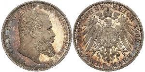 2 Mark Kingdom of Württemberg (1806-1918) Silver Wilhelm II, German Emperor (1859-1941)