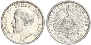 2 Mark Principality of Lippe (1123 - 1918) Silver Leopold IV, Prince of Lippe