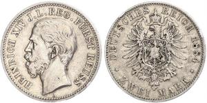 2 Mark Principality of Reuss-Greiz (1778 - 1918) Silver Heinrich XIV, Prince Reuss Younger Line