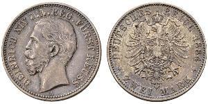 2 Mark Principality of Reuss-Greiz (1778 - 1918) Silver Heinrich XIV, Prince Reuss Younger Line