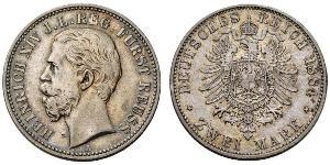 2 Mark Principality of Reuss-Greiz (1778 - 1918) Silver Heinrich XIV, Prince Reuss Younger Line
