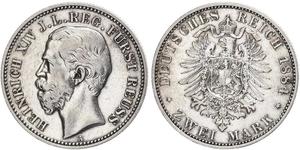 2 Mark Principality of Reuss-Greiz (1778 - 1918) Silver Heinrich XIV, Prince Reuss Younger Line