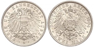 2 Mark Free City of Lübeck 銀 