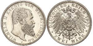 2 Mark Kingdom of Württemberg (1806-1918) 銀 威廉二世 (德国)