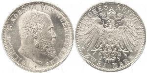 2 Mark Kingdom of Württemberg (1806-1918) 銀 威廉二世 (德国)
