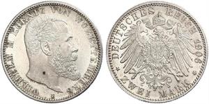 2 Mark Kingdom of Württemberg (1806-1918) 銀 威廉二世 (德国)