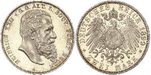 2 Mark Principality of Reuss-Greiz (1778 - 1918) 銀 Heinrich XXII (1859 - 1902)