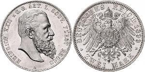 2 Mark Principality of Reuss-Greiz (1778 - 1918) 銀 Heinrich XXII (1859 - 1902)